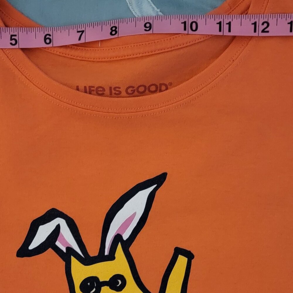 Life Is Good Shirt Women Medium Orange Hoppy Hour with Dog Holding a Lily Short - Picture 3 of 9